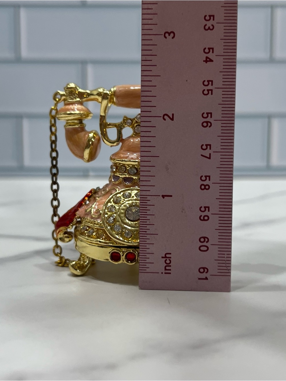 Objet D’Art Bonnie Antique Telephone Trinket Box Pink Gold Enameled & Jeweled - Picture 7 of 7